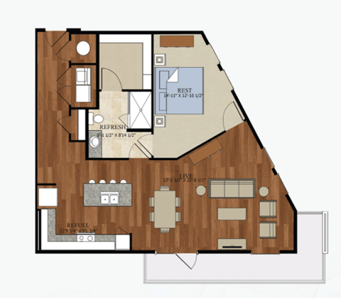 Floor plan for 1 bed, 1 bath, 961 sqft